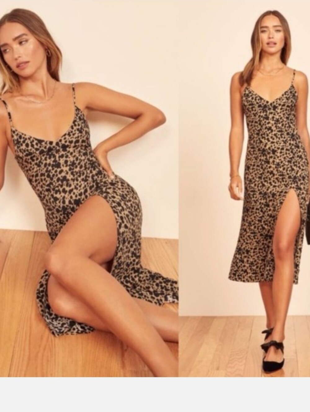 Reformation Crimini Leopard Animal Print Shift Slip Midi Dress Leg Slit Size 0